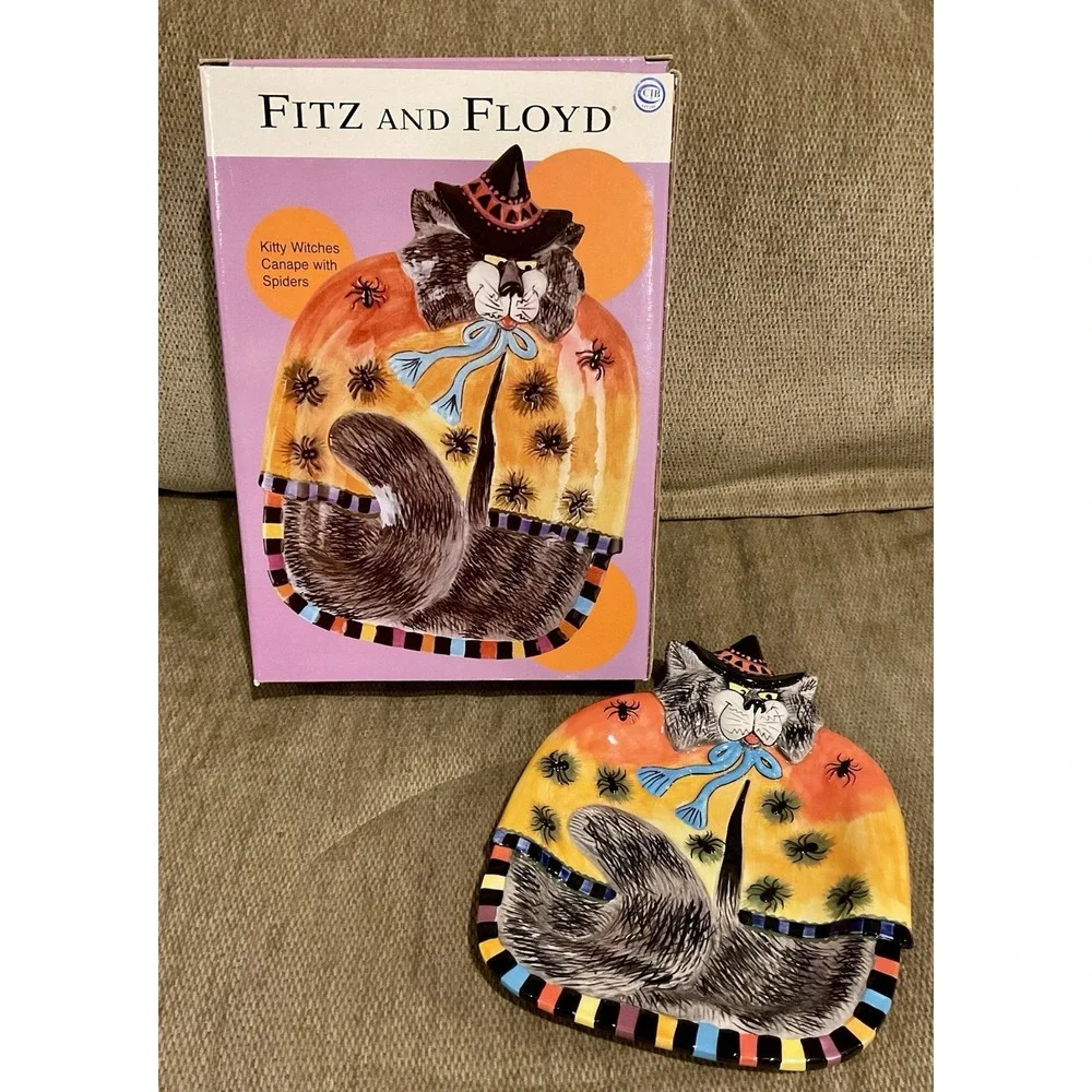 FITZ & FLOYD KItty Witches CANAPE Plate Collectible Halloween Black Cat NIB 2002